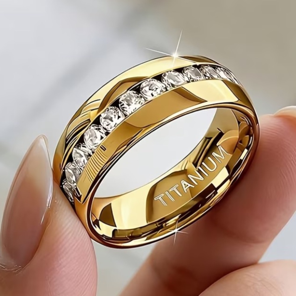Gold Titanium Wedding Band Ring with Crystal Accent - Women's Fashion Band